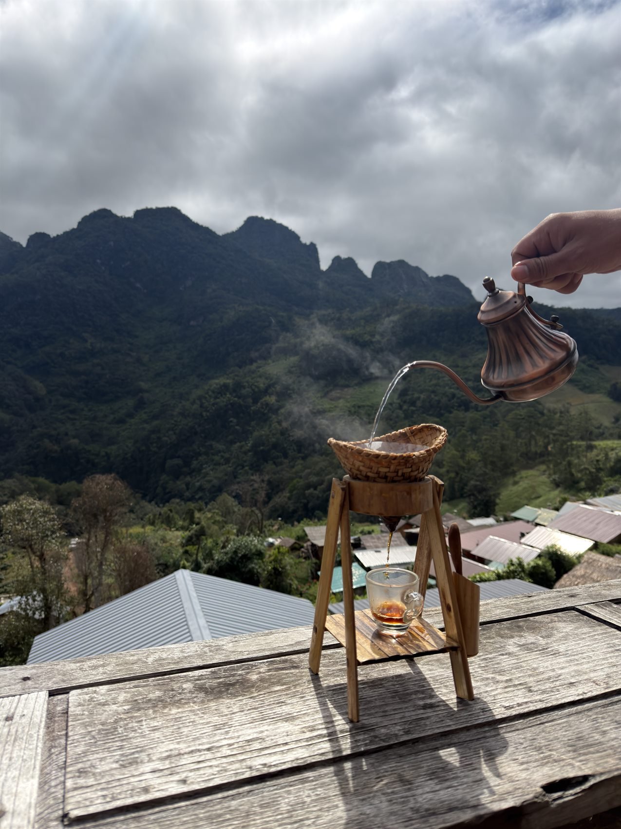 Trailside coffee with a mountain view in northern Thailand